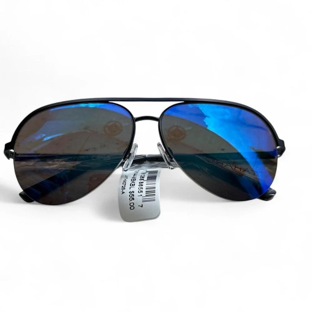 Tahari Teardrop Aviator Black Sunglasses with Blue Reflective Lenses NWT